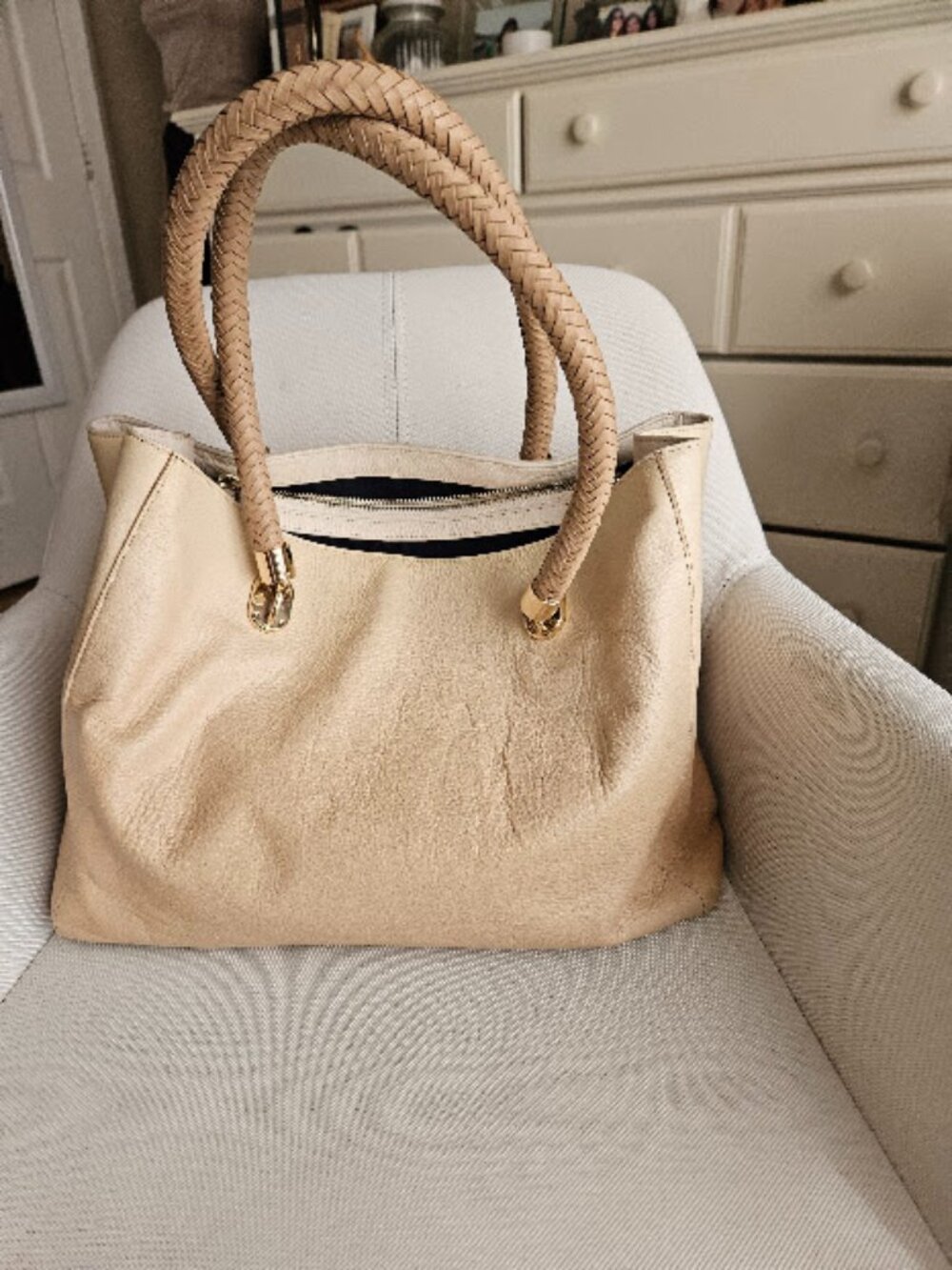 Cole Haan Benson Large Genuine Leather Tote Purse Cream & Pink